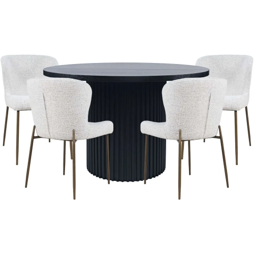 Auden 5 Piece Dining Set in Black Wood, Gray Fabric & Brass